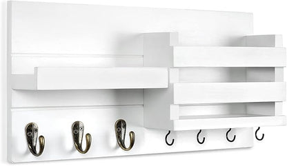 Lwenki Mail Organizer for Wall Mount – Key Holder with Shelf Includes Letter Holder and Hooks for Coats, Dog Leashes – Rustic Wood with Flush Mounting Hardware (16.5” x 8.7” x 3.5”)