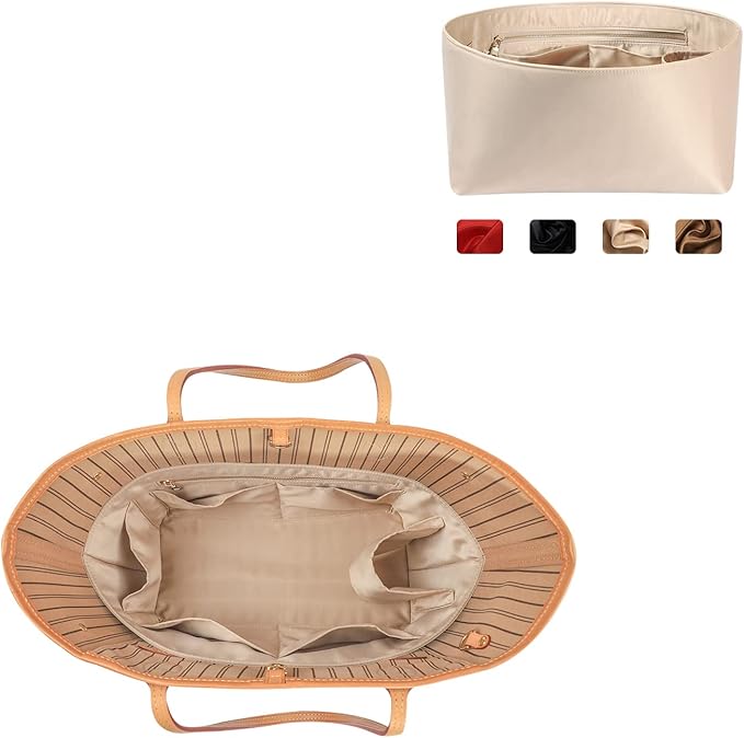 ZTUJO Purse Organizer Insert For Handbags, Silk Purse Organizer with Zipper, Silky Smooth, Bag Organizer For Speedy Neverfull Tote,onthego,Artsy, 6 Sizes (XL,Silky Beige)
