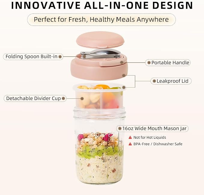 UWILLION Overnight Oats Containers with Handles, 16 oz Glass Mason Jars with Lids, Folding Spoons & Topping Compartments, Yogurt Parfait Cups for Meal Prep, Chia Pudding, Breakfast to Go, 2 Pack