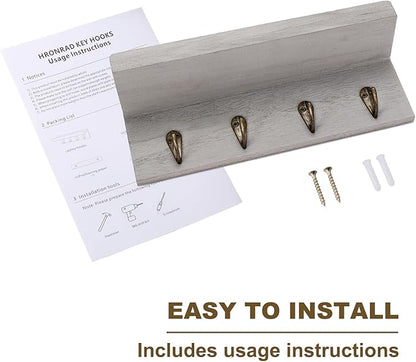 Rustic Key Holder for Wall, Farmhouse Wall Shelf with 4 Hooks, Wall Mounted Key Racks, Wooden Mail Organizer with Hooks for Entryway (Grey)