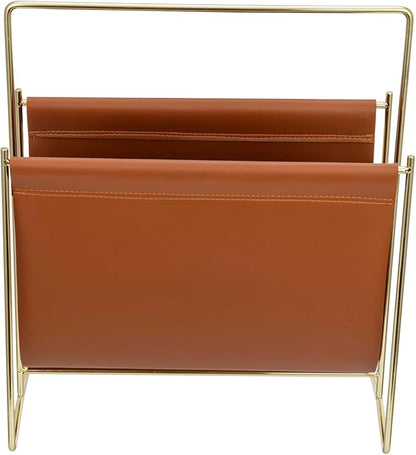 MyGift 13 inch Modern Caramel Leatherette Magazine Holder Floor Standing Sling Style Rack with Brass Tone Metal Frame