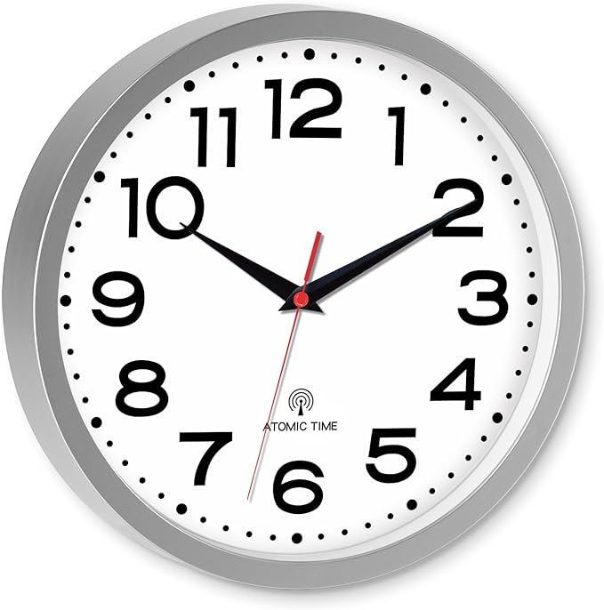 Roymnie Atomic Wall Clock 12 Inch, Modern Clock Battery Operated Classic Analog Decorative for Kitchen, Living Room, Office, Bedroom, Bathroom (Silver)