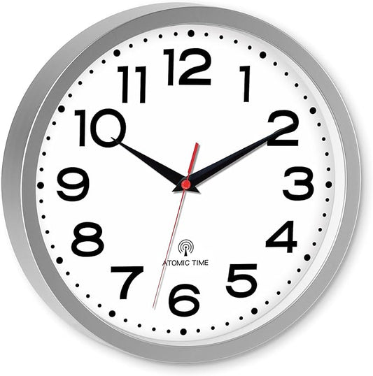 Roymnie Atomic Wall Clock 14 Inch, Modern Clock Battery Operated Classic Analog Decorative for Kitchen, Living Room, Office, Bedroom, Bathroom (Silver)