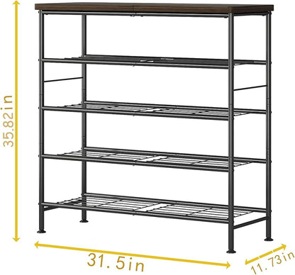 SUOERNUO Shoe Rack Organizer 5 Tier for Closet Entryway Free Standing Metal Storage Shoe Shelf with MDF Top Board，Black+Rustic Brown