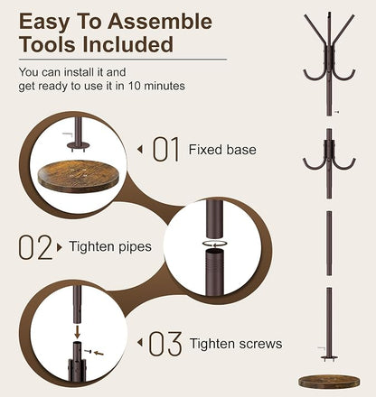 MISSLO Heavy Duty Coat Rack Freestanding with Stable Wood Base Modern Brown Coat Tree with 12 Hooks Adjustable Coats Hanger Stand Stylish Standing Clothes Tree for Entryway Bedroom Corner Hall