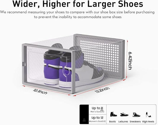 Kuject X-Large Shoe Storage Boxes Organizers Clear Plastic Stackable 12 Pack, Shoe Rack & Holder Substitute, Sneaker Containers, Toy Storage Organizer Bins for Entryway, Closet, Under Bed, Grey