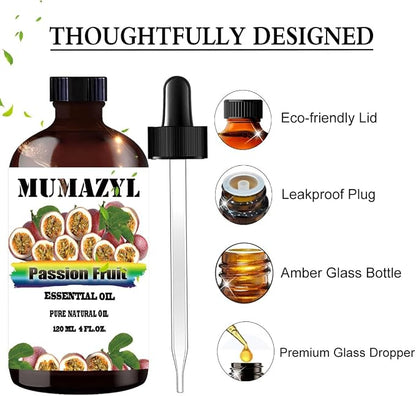 Passion Fruit Essential Oil, Passion Fruit Oil 4 Fl Oz 120ML for Diffuser Humidifier Yoga Cleaning DIY Candle Soap Making MUMAZYL Essential Oils