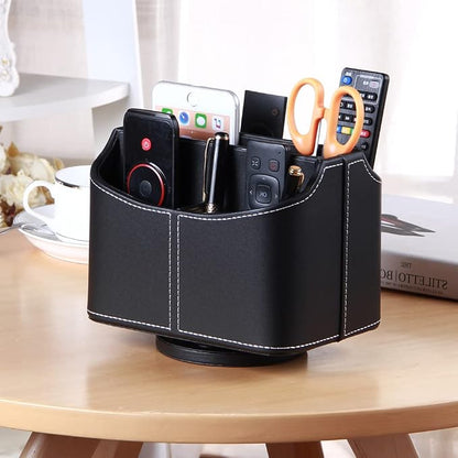 Remote Control Holder 360 Degrees Rotatable Desk Stationery Supply Organizer PU Leather Desktop Storage Box for Controllers Media Bedside Spinning TV Caddy iPad Mobile Pencil Cosmetic
