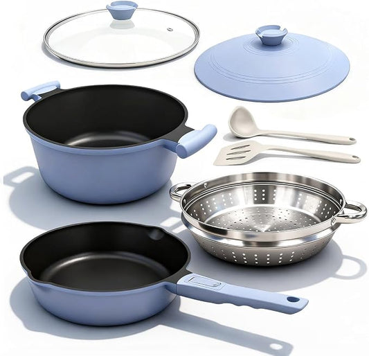 Pots and Pans Set Non Stick, Nonstick Cookware Set, Steamer Pot and Pan for Cooking, Kitchen Cookware Sets Non Toxic, Induction Compatible, Detachable Handle, Oven Safe, PFOS & PFOA Free,Blue