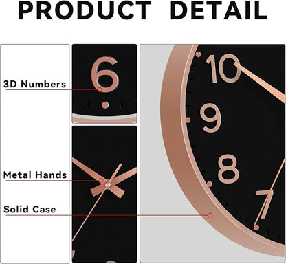 Roymnie Wall Clock, Silent Wall Clocks Battery Operated 8 Inch-Modern Non Ticking Analog Clock Decorative for Kitchen Office Bathroom Bedroom(Black Rose Gold)