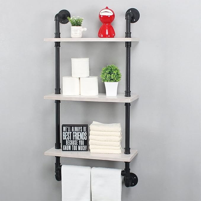 Bathroom Shelves Wall Mounted,19.6in Rustic Wood Shelf with Towel Bar,3 Tier Farmhouse Towel Rack Over Toilet,Pipe Shelving Floating Shelves Towel Holder,Black & White