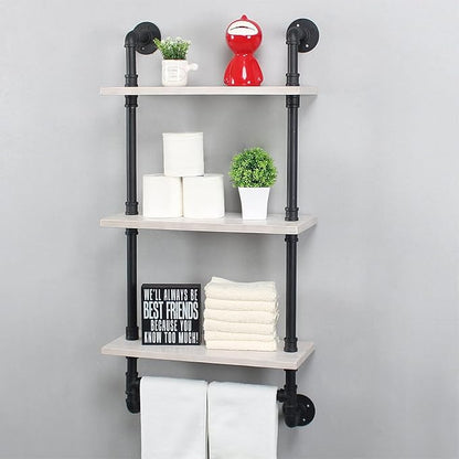 Bathroom Shelves Wall Mounted,19.6in Rustic Wood Shelf with Towel Bar,3 Tier Farmhouse Towel Rack Over Toilet,Pipe Shelving Floating Shelves Towel Holder,Black & White
