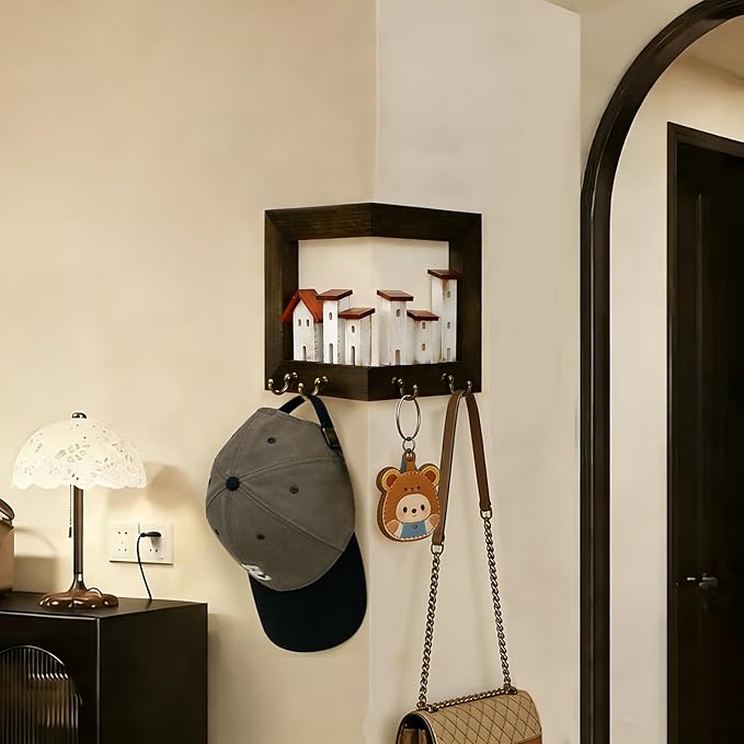 3D Key Holder Wall Mount, Rustic Wood Keys Hanger Organizer Rack for Wall with 4 Hooks and Village Scene, for Farmhouse Entryway Hallway Bedroom, Drilling and Assembly Required (Rustic)