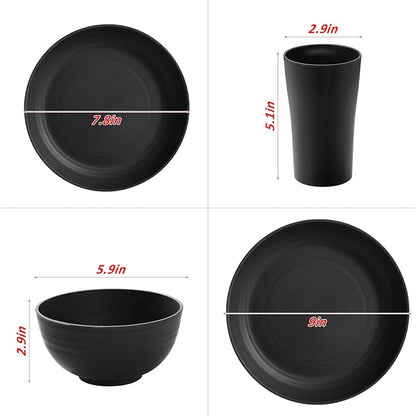 32-Piece Kitchen Plastic Wheat Straw Dinnerware Sets, Service for 8, Unbreakable Modern Dish Set - Dinner Plate/Dessert Plates/Cereal Bowl/Cup, for Apartment Essentials, Outdoor Camping,Black