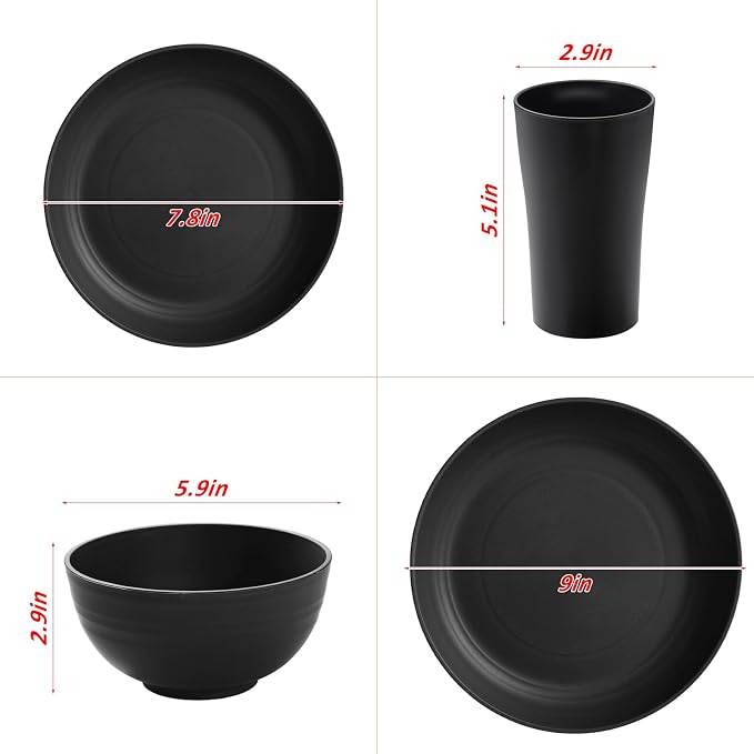 24 Piece Wheat Straw Dinnerware Sets of 6, Kitchen Plates and Bowls Sets, Unbreakable Plastic Dish Set for Camping, Dishwasher Microwave Safe, Kitchen and Dinning Essentials, Black