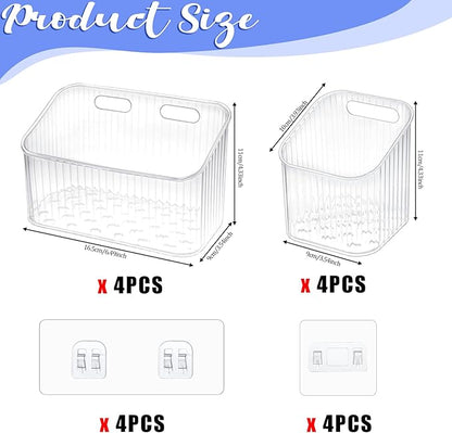 8 Pcs Clear Wall Basket, Wall Mounted Storage Bins Cabinet Door Organizer Plastic Shower Caddy with Self-Adhesive Hanger, Large Containers Box for Bathroom, Kitchen, Pantry, Countertop, No Drill Shelf