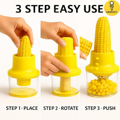 Corn Stripper & Peeler Tool with Built-In Bowl – Safe Non-Slip Handle, Fast Corn Kernel Cutter & Cob Remover, Multi-Purpose Grater for Corn, Ginger & Vegetables (Yellow) - COOKKEY