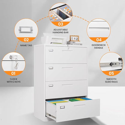 4 Drawer File Cabinets for Home Office, Metal Filing Cabinet with Lock, White Locking File Caninet Four Drawer, Office Storage Caninets Steel Cabnet for Letter/Legal/A4/F4-Assembly Required