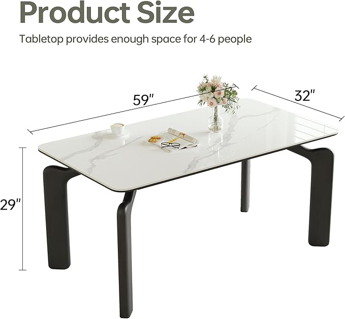 59'' Modern Dining Table, Sintered Stone Kitchen Table, Rectangular Slate Patio Table with Metal Legs, Indoor-Outdoor, Backyard, Scratch and Heat Resistant