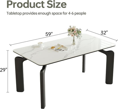 59'' Modern Dining Table, Sintered Stone Kitchen Table, Rectangular Slate Patio Table with Metal Legs, Indoor-Outdoor, Backyard, Scratch and Heat Resistant
