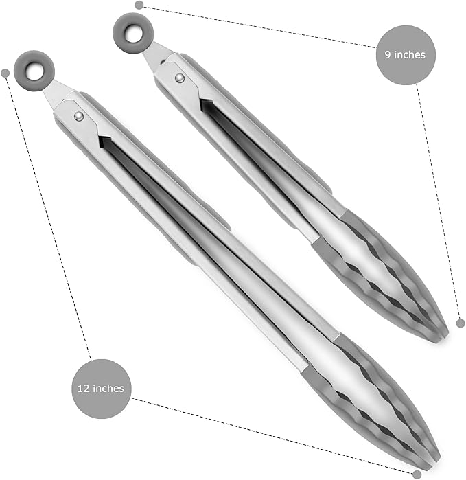 2 Pack Silicone Kitchen Tongs – 9" & 12" Set, Heat Resistant up to 500°F, Non‑Stick Cookware Safe, Wavy Silicone Tips, BPA Free, Locking Clip & Hanging Loop, Grey