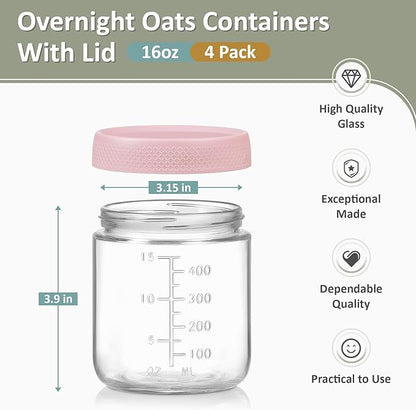POIKSHARK 4-Pack Overnight Oats Containers with Lids,16 OZ Wide Mouth Glass Jars with Airtight Lids, Mason Jars Glass Food Containers for Snack Spice Sugar Food Prep Yogurt