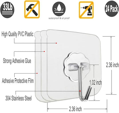 24 Pack Self Adhesive Hooks Heavy Duty - 33lb Max, Transparent, Waterproof, Sticky Wall Hooks for Keys, Bathroom, Shower, Outdoor, Kitchen, Door, Home Improvement, Utility Hooks