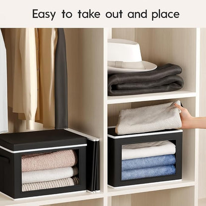 Collapsible Storage Bins with Lids - Stackable Storage Containers with Window, 3 Pack Fabric Bins for Closet, Home & Office Organization Baskets, Black, 14.9" x 9.8" x 9.8"