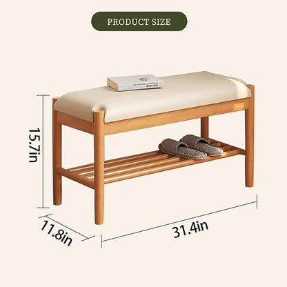 Solid Wood Shoe Bench with Cushion, 2-Tier Shoe Rack for Front Door Entrance, Enterway Benches with Shoe Storage (Natural, 31.5in)
