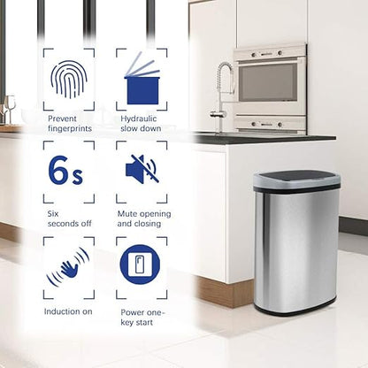 BestOffice | 13 Gallon Trash Can with Lid | Automatic Touchless Garbage Can | Odor Control | Modern Oval Design | Easy to Clean | Stainless Steel | Fits Any Kitchen, Bathroom, Office or Home