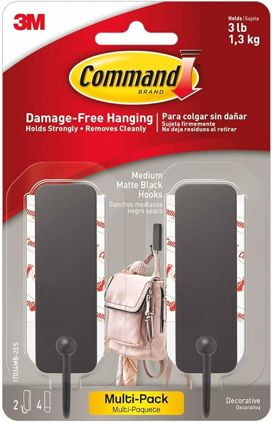 Command Medium Matte Black Wall Hook, 2 Coat Hooks and 4 Strips, Damage-Free Hanging with Adhesive, No Tools Great for Hanging Home Decor, Holds up to 3 lb