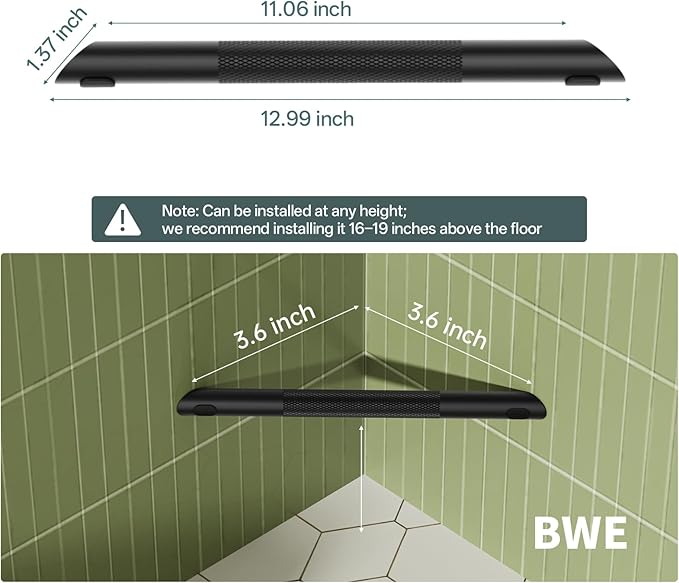 BWE Matte Black Shower Foot Rest Bar, Stainless Steel Bar Corner Shower Foot Rest for Shaving Legs, Non-Slip Knurled Shower Step, Wall Mounted Bathroom Shower Shaving Foot Rest