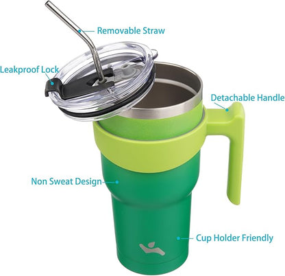 30 oz Tumbler with Handle and 2 Straw 2 Lid, Insulated Water Bottle Stainless Steel Vacuum Cup Reusable Travel Mug,Matcha Green