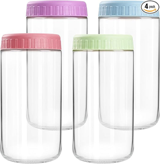 SHOWIN Overnight Oats Containers with Lids, 24oz Glass Jars with Lids 4 pcs, Candy, Wide Mouth Mason jars for Salad, Yogurt, Snacks, Meal Prep