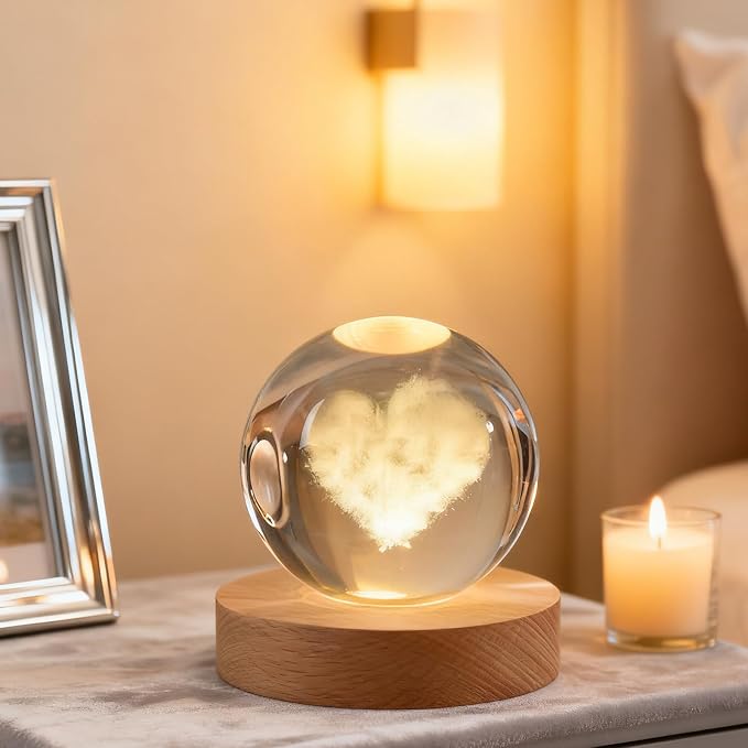 3D Heart Love Crystal Ball, 2.4 inch Valentines Day Decoration Quartz Glass Ball, Lovely Sphere Light Crystal Display Cute Sculpture Home Decor Gifts for Mom Women Grils Friends Office Table