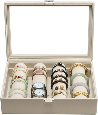 Bracelets Organizer Rods Bangles Display Holder, Clear See through Lid Leather Velvet Jewelry Storage Box Case for Women, 4 Rods Apricot Leather