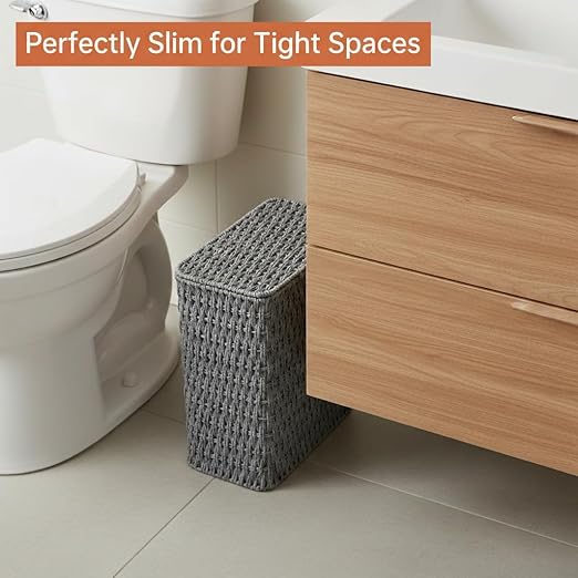 3 Gallon Paper Rope Bathroom Trash Can,Small Wicker Trash Cans with Lid and Liner,Woven Rattan Narrow Waste Basket for Bedroom,Office,Grey