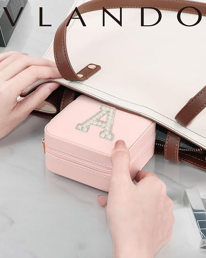 Vlando Travel Jewelry Box for Girls Women, Initial Jewelry Organizer Box Travel Must Haves Jewelry Case for Girls, Necklace Earrings Ring Box Travel Gifts for Sister Daughters - Letter S, Pink