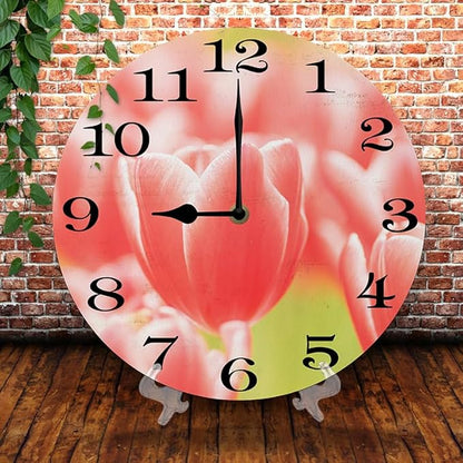Pink Tulip Wall Clock 10 Inch Wooden Battery Operated Autumn Forest Maple Leaves Wall Clocks Decorative Indoor,Decorative for Kitchen Bathroom Bedroom