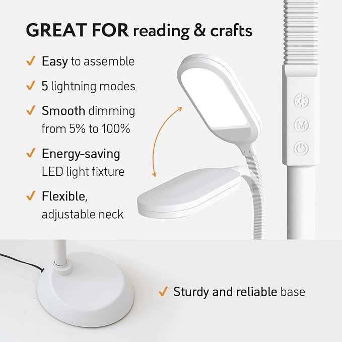 Natural Daylight LED Floor Lamp - 15W LED Craft Light Floor Standing for Reading, Crafting, Sewing - Full Spectrum Bright Sunlight - Adjustable Gooseneck - Task Lamps for Living Room, Bedroom, Office