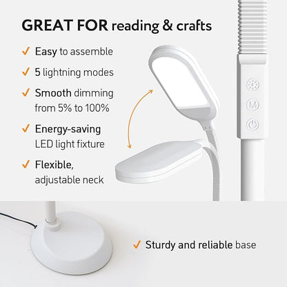 Natural Daylight LED Floor Lamp - 15W LED Craft Light Floor Standing for Reading, Crafting, Sewing - Full Spectrum Bright Sunlight - Adjustable Gooseneck - Task Lamps for Living Room, Bedroom, Office