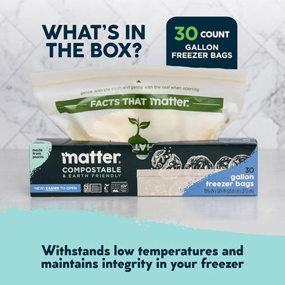 Matter Compostable Gallon Freezer Bags for Food Storage, Eco-Friendly, Resealable, Food Storage Bags, 30 Count