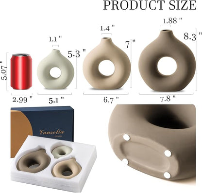 Vanselia Ceramic Vase Home Table Decor - Flower Vases Set of 3 Small Living Room Centerpiece Decorations for Shelf Bedroom Office Kitchen Dining Desk Modern Aesthetic Farmhouse Decorative (Farmhouse)
