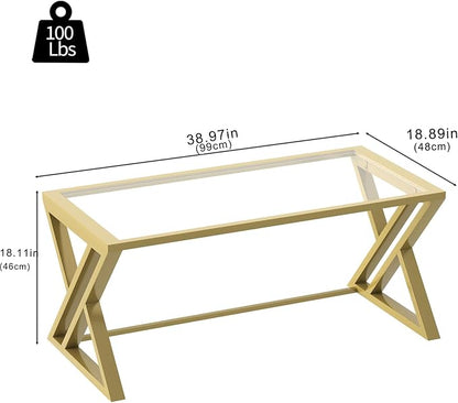 Wolawu Coffee Table Gold Glass Coffee Table for Living Room,Modern Rectangular Center Table with Sturdy Metal Frame,Tempered Glass Table Tea Tables for Bedroom Home Office