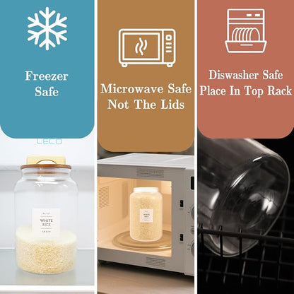 2 Pack Large Glass Flour and Sugar Containers with 132 Pantry Labels - 1 Gallon Glass Canisters with Bamboo Airtight Lids - Farmhouse Glass Cookie Jars for Rice, Pasta, Cereal, Bath Salt