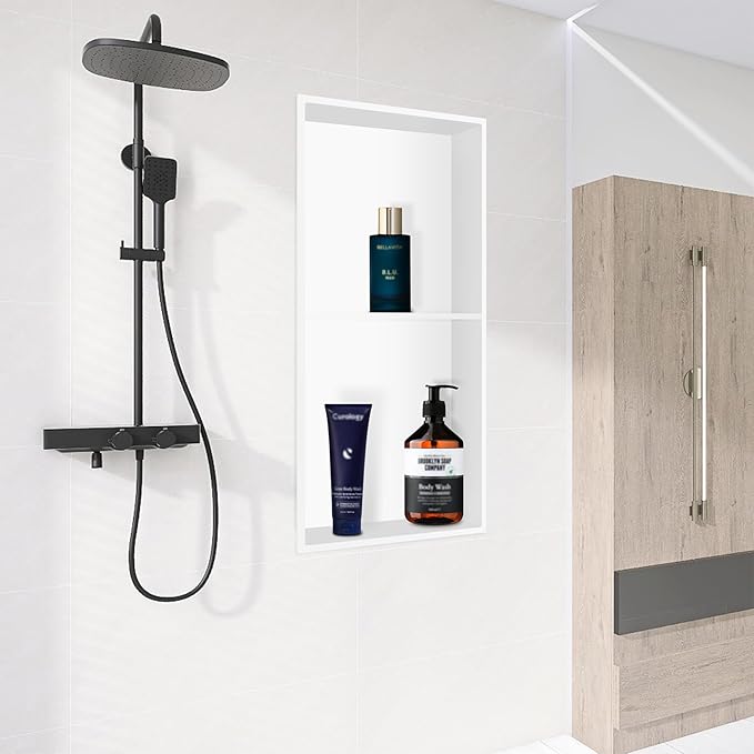 Shower Niche 12 X 24 in No Tile Needed, White Double Shelves Recessed Wall Niche Shelf for Bathroom Storage, Stainless Steel
