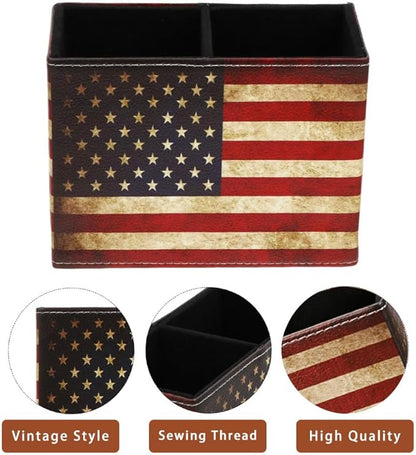 American Flag Desk Organizer, PU Leather Retro Vintage Cool Supplies, Patriotic Decor Pen Pencil Holder Office Home Accessories (USA Flag)
