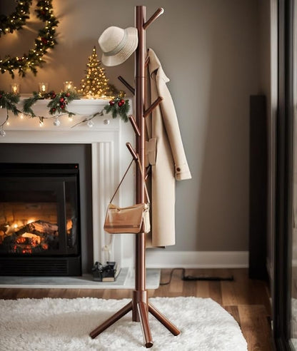 Pipishell Solid Wooden Coat Rack Freestanding, Hall Tree with 8 Hooks, 3 Height Options for Coats, Hats, Handbags, and Scarves, Tool-Free Assembly, Space Saving Design for Entryway, Office, Bedroom