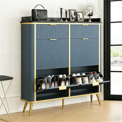 Shoe Cabinet with 4 Flip Drawers and 2 Drawers, Modern Fluted Wood Shoe Storage with Adjustable Shelves, Narrow Slim Shoe Organizer for Entrance, Foyer, Hallway, Navy Blue