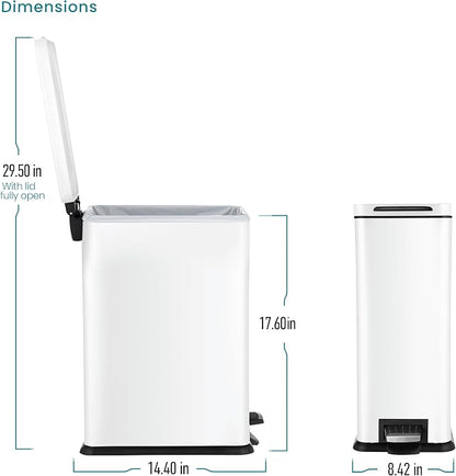 Home Zone Living 4 Gallon Slim Kitchen Trash Can with Soft Close Lid and Step Pedal, Matte White Stainless Steel Wastebasket with Removable Bucket